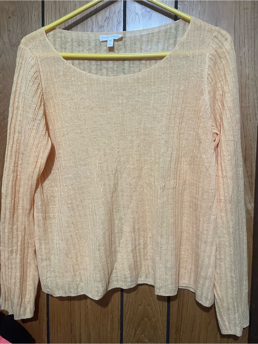 Eileen Fisher Peach Ribbed Scoop-Neck Long Sleeve Top 💯 organic linen.